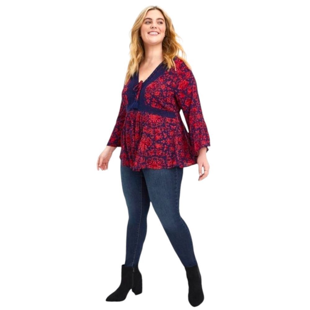 TORRID NEW Babydoll Gauze Crochet Trim Floral Lace-Up Top 4X